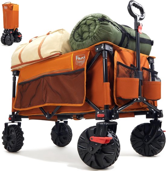 XXL Bolderkar Opvouwbaar met Brede Draagriemen - Strandwagen met Zijvak en Bekerhouder - Verstelbare Duw- en Trekhendel - Tuinwagen voor Alle Terreinen - Outdoor Camping Transportkar - Winkelwagen tot 100 kg Belastbaar van Merkloos