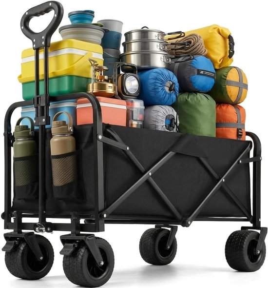 XXL bolderkar - Opvouwbare handwagen - Spullen vervoeren - All-terrain met remmen - 200 liter capaciteit - Zwart