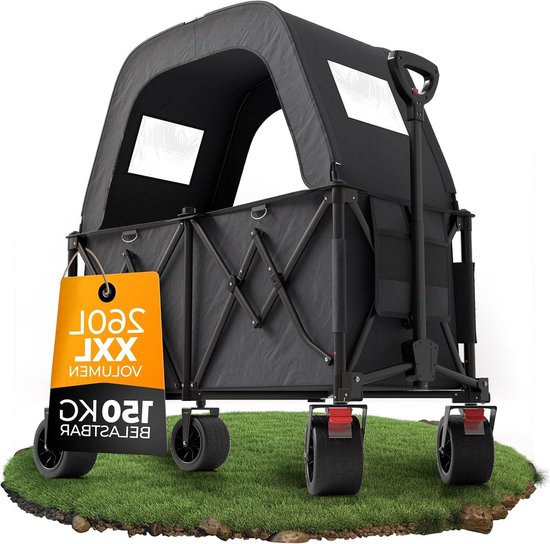 XXL bolderkar - Opvouwbare kar - Buitenshuis transport - Met dak en brede banden - 260 liter - Grijs