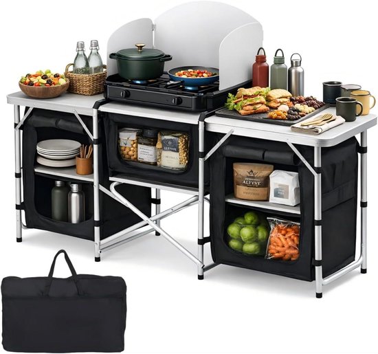 XXL Campingkeuken - Opvouwbaar Kookstation - Outdoor Koken - Geïntegreerd Windscherm - 174 cm Breed - Zwart
