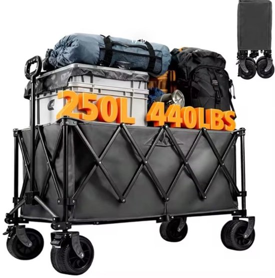 XXL Opvouwbare Bolderkar – 250L Inhoud – 200KG Draagkracht – Heavy Duty Transportkar met All-Terrain Wielen – Inclusief 2 Bekerhouders – Grijs
