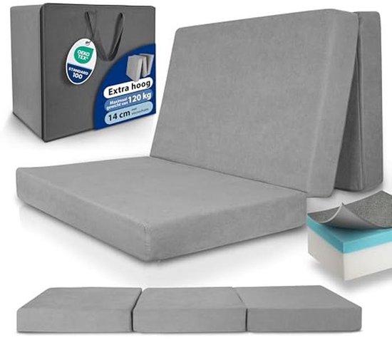 XXL Vouwmatras 140x200 cm – Dikke 14 cm Geheugenfoam Logeermatras H3 – Wasbare Hoes, Makkelijk te Vervoeren & Hoog Slaapcomfort – Grijs van Albrillo