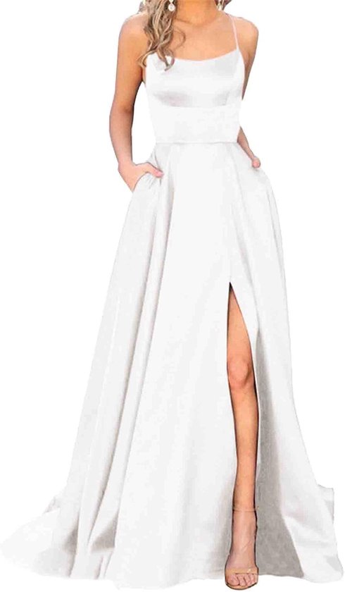 Xxxiticat Elegante lange baljurk voor dames, met zakken, satijn, A-lijn, backless bruiloftsjurk, avondjurk, sexy halterjurk, spaghetti, bruidsjurk, lange prinsessenjurk, bruidsmeisjesjurk