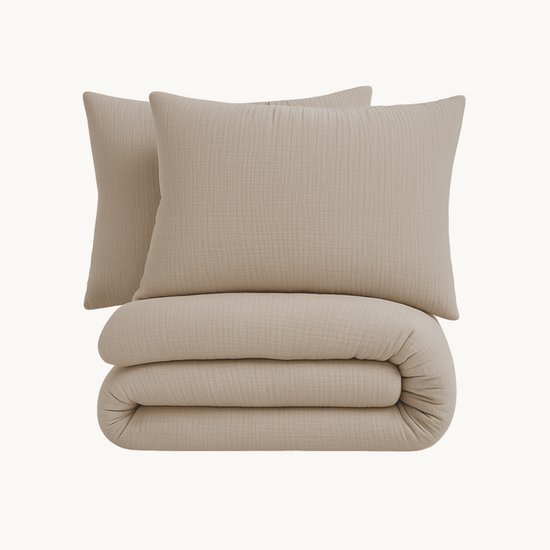 Y-NOT™ - Mousseline Taupe - Dekbedovertrek - 140x200/220 1-Persoons - 1 kussensloop 60x70cm - 160TC 2 layer mousseline 100% katoen - 30 dagen proefslapen van Merkloos