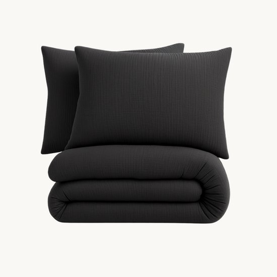 Y-NOT™ - Mousseline Zwart - Dekbedovertrek - 200x200/220 2-Persoons - 2 kussenslopen 60x70cm - 160TC 2 layer mousseline 100% katoen - 30 dagen proefslapen van Y-NOT
