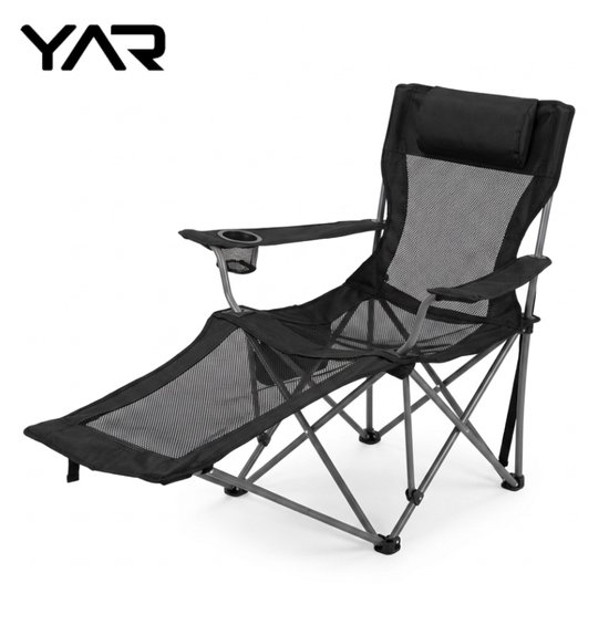 Yar Campingstoel Inklapbaar met Voetensteun – Relaxstoel met Hoofdkussen, Bekerhouder, Zijvak & Opbergtas – Visstoel / Strandstoel – Zwar