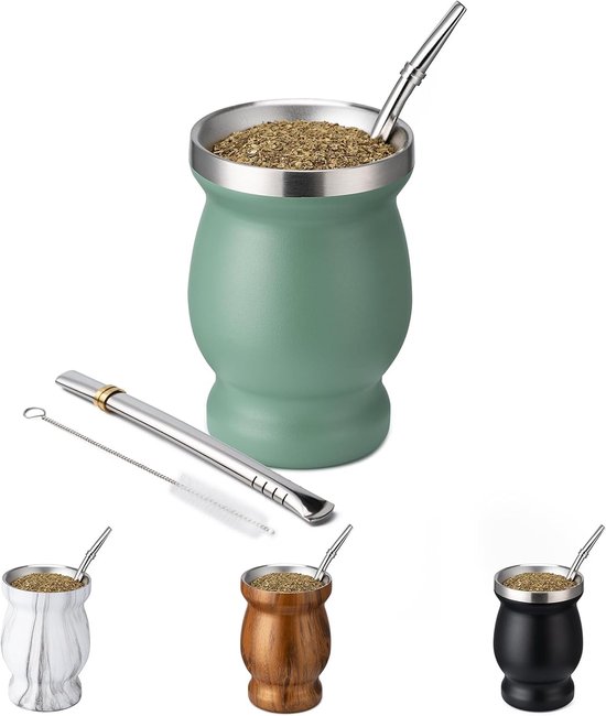 Yashumito Yerba Mate Beker Set - Dubbelwandig RVS 230 ml met 2 Bombilla's en Reinigingsborstel - Groente