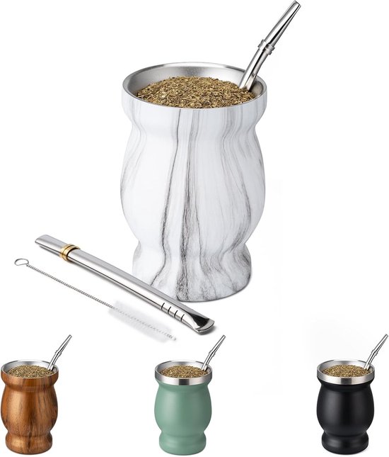 Yashumito Yerba Mate Beker Set - Dubbelwandig RVS 230 ml met 2 Bombilla's en Reinigingsborstel - Marmer