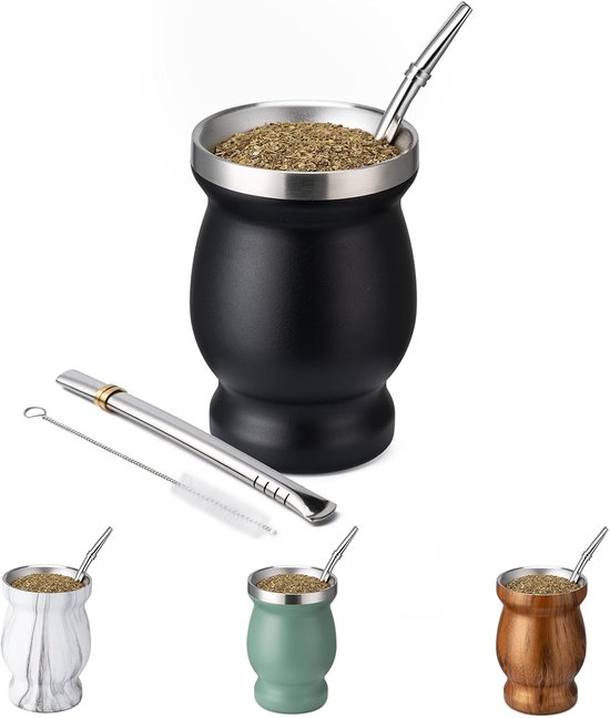 Yashumito Yerba Mate Beker Set - Dubbelwandig RVS 230 ml met 2 Bombilla's en Reinigingsborstel - Zwart