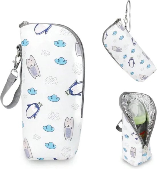 Ychee - Draagbare Thermo Tas - Melkfles Tas - Isoleertas - Flessenwarmer - Koeltas - Reizen - Onderweg - Handig - Compact - 24x8x7cm - Pinguïns van Ychee