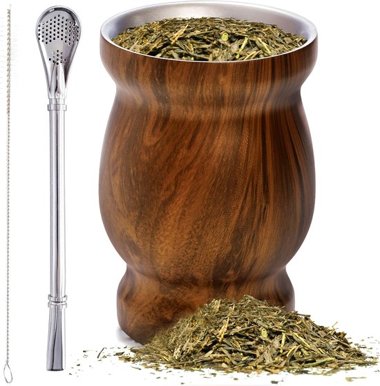 Yerba Mate beker en bombilla set, 230 ml (8 oz) kalebas set, dubbelwandige klassieke beker van 304 roestvrij staal met rietje en schoonmaakborstel, gemakkelijk schoon te maken, bruin
