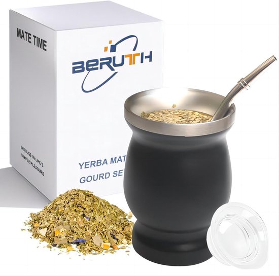 Yerba Mate Set met Isolerende Beker (226 ml), Deksel, RVS Rietjes en Borstels