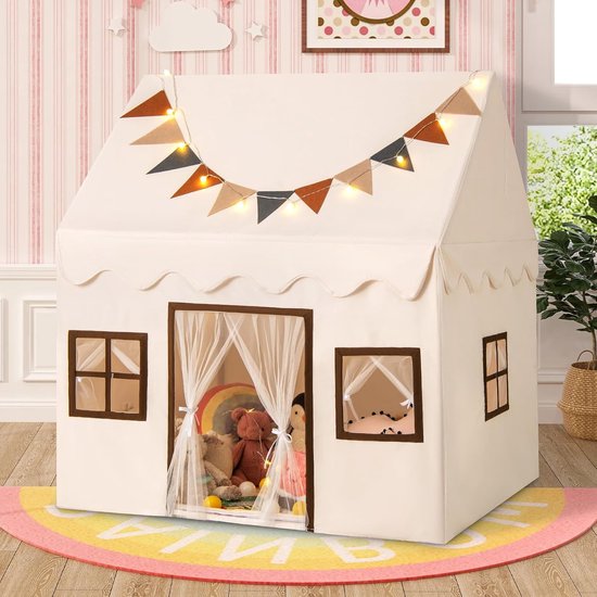 Yesdeals Kinder Speelhuis Tent met Mat en Verlichting – Indoor Speeltent voor Kinderen van 3-14 Jaar – Cottage Stijl Village House – Speelkamer, Kinderkamer van Yesdeals