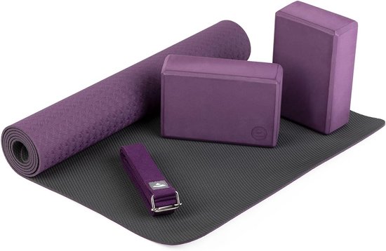 Yoga Starter Set compleet | Set bestaande uit: 1 yogamat van TPE, 2 yoga-blokken van EVA (schuimrubber) en 1 yogariem van katoen | beginnersset voor yoga-beginners van Gorilla Sports.