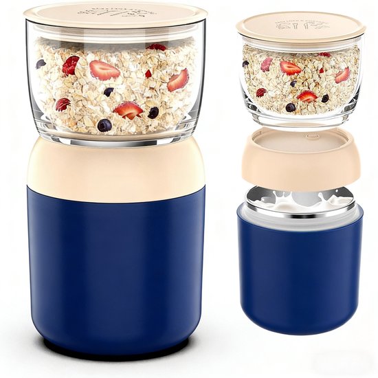 Yoghurt beker to go - 700 ml Dubbellaagse Mueslibeker - Met Lepel En Geïsoleerde RVS Binnenwand - Lekvrije Isolerende Beker To Go - Voor Overnight Oats En Soep - Ideaal Voor School Reizen Picknick Ontbijt En Lunch - Herbruikbare Lunchbeker