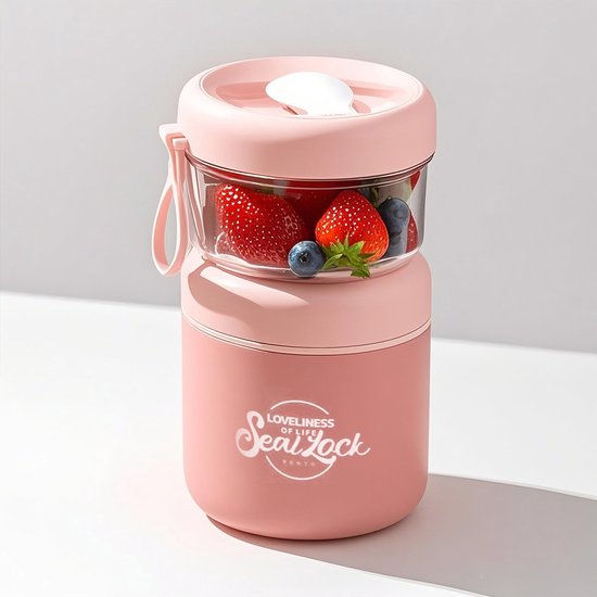 Yoghurt Beker to Go - 860 ml - Muesli Beker met Lepel - RVS Isolerende Lunchpot - Lekvrije Soepbeker - Voor School en Werk - Roze
