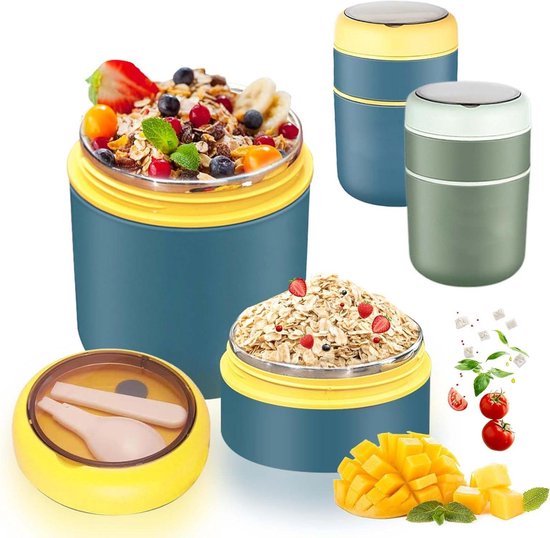 Yoghurt beker to go lekvrij ontbijtbeker-cornflakes-710 ml-muesli-mueslibeker-roestvrij staal-muesli to go-dubbellaags mueslibeker-lepel-lekvrije yoghurt. yoghurt beker to go van Mepal