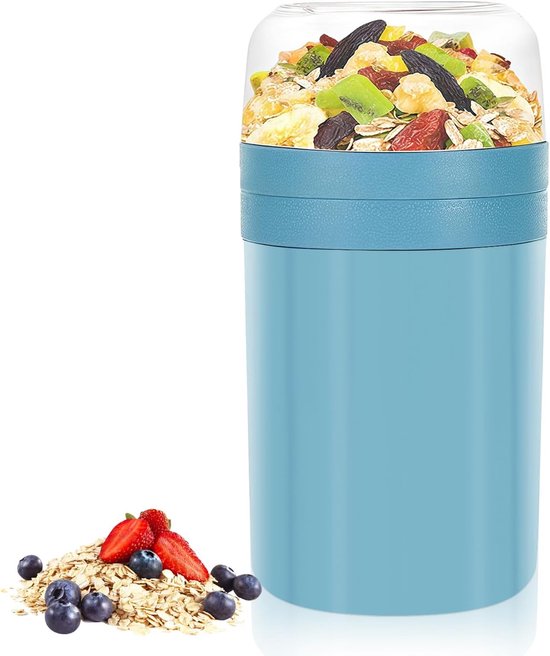 Yoghurt beker to go - Mueslibeker 2-in-1 520ml + 250ml - Dubbellaagse Lekvrije Beker - Met Lepel En Isolatie - Voor School Werk Reizen Ontbijt En Lunch - Blauwe Herbruikbare Lunchbeker - Handig Voor Onderweg - Vaatwasserbestendig