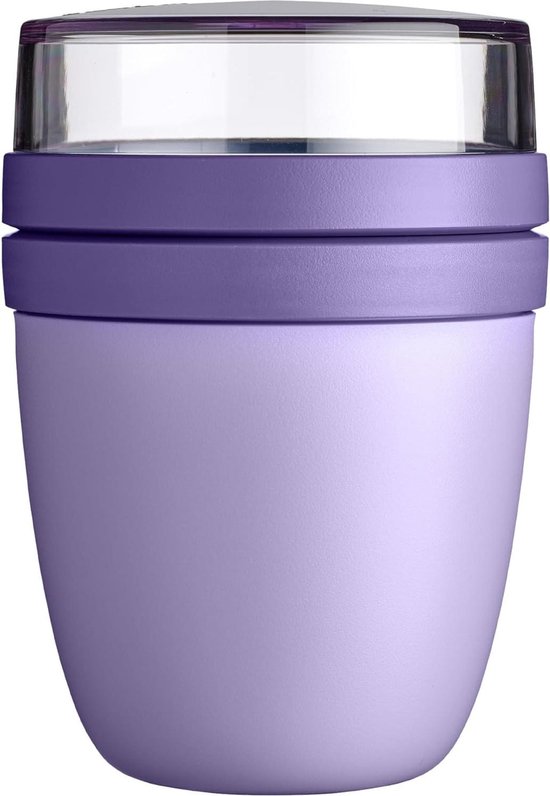 Yoghurt beker to go Praktische Lunchpot Ellipse Mini Yoghurtbeker en Mueslibeker onderverdeling voor Yoghurt en Muesli - Geschikt voor vriezer, magnetron en vaatwasser - 300 ml + 120 ml - Vivid Lilac yoghurt beker to go van Mepal
