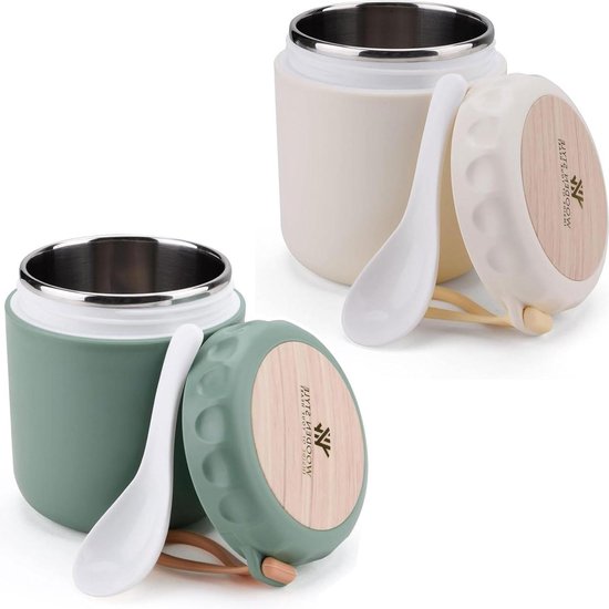 Yoghurtbeker to go - Mueslibeker - Roestvrijstalen - Lekvrij - Paperbeker - 400ml - Muesli - Onderweg - School - Picknick - Reizen - Groen - Beige yoghurt beker to go
