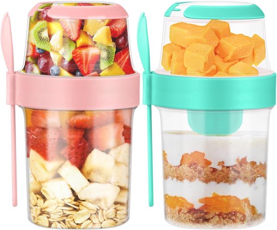 Yoghurtbeker - Yoghurt Beker To Go - Lunchpot - Bpa-Vrij - Met Lepel - Muesli Beker To Go - Lunchbeker - Lekvrij - Medium - 560 + 310 Ml - Salade To Go - Saladebo - Roze En Groen - Duurzaam