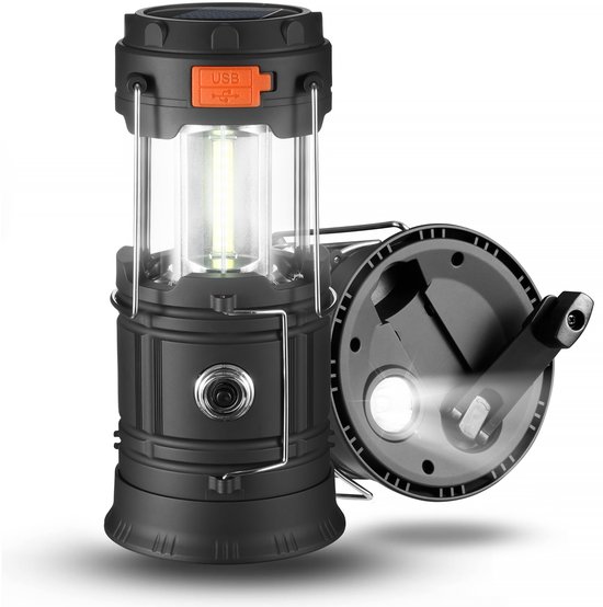 YONO Stormlantaarn Opwindbaar en Zonne Energie - LED Outdoor Camping Lantaarn Windlicht voor Buiten - Tentlamp - Opwindbare Zaklamp en Powerbank - Zwart van YONO
