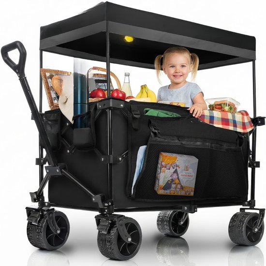 YOR® Bolderkap Opvouwbaar Luchtbanden - Bolderkar - Bolderkar Opvouwbaar - 150 kg - met Dak- Zwart- 90cm x 50cm x 10cm van Merkloos