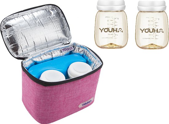 Youha® koeltas met koelelement en twee moedermelk flesjes - Babymelk koelen - Moderne moedermelk tas - Babymelk koud houden - Handig draagbaar - inclusief moedermelk flesjes en koelelement - Kleur: Roze/Paars van Youha