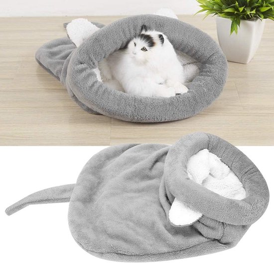 Zachte en warme katten slaapzak van pluche, wasbare snuggle sack en dekentje voor katten en puppy's (Grijs)