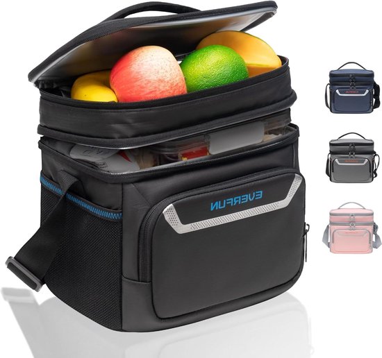 Zachte lunchbox voor mannen - geïsoleerde lunchtas met dubbele compartimenten - inklapbaar en lekvrij - 12 blikjes - waterdicht - zwart van Merkloos