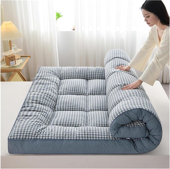 Zachte Vloermatras - Oprolbare Futon - Comfortabel Slapen - Fijn Gewatteerd - 120x200cm - Blauw Geruit