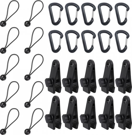 Zeilclip Set - Zeilklemmen - 30 Stuks - Kamperen - Zeilclips - Zeilringen - Tentklemmen - Doekklem Quick clip - kogelzeilbevestigingsclips - karabijnhaken voor luifels - voor Tarpaulins, Kamperen, Caravans, Picknicks van Adsolero