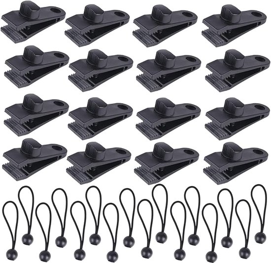 Zeilklemmen - 16 Stuks - Spanbanden Met Ballen 15 Cm - Tentclip Luifelclip - Campingluifelclip - Dekzeilclip Dekzeilclip - Outdoor Activiteitenclip Luifel - Kunststof - Geschikt Voor Luifels, Caravans, Afdekzeilen, Stokken - Zwart