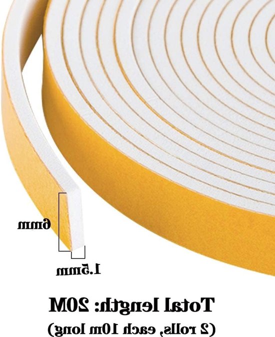 Zelfklevende Raamafdichting, 6 mm (B) x 1,5 mm (D) / 20 m (L) voor Geluidisolatie, Deurafdichting en Schokabsorptie, Schuimstrips en Rubberafdichting van Merkloos