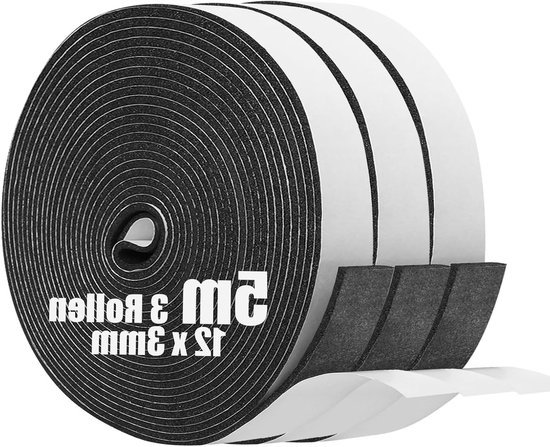 Zelfklevende Schuimafdichtingsband voor Ramen en Deuren, Geluidsisolatie en Anticollisie, 12mm x 3mm x 5m, 3 Rollen