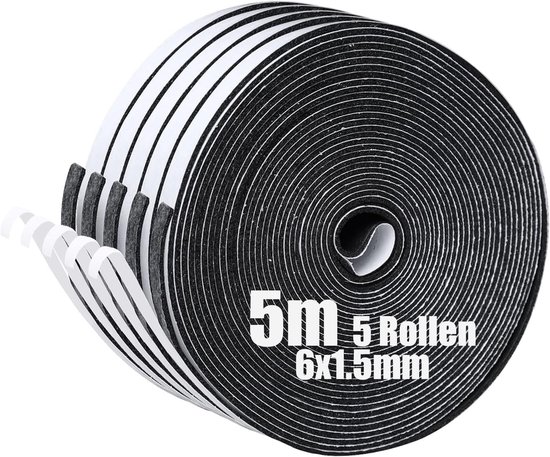 Zelfklevende Schuimafdichtingstape voor Ramen en Deuren, Geluiddemping en Isolatie, 6mm x 1.5mm x 5m, 5 Rollen