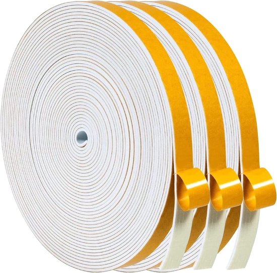 Zelfklevende Schuimstrip 6mm x 1.5mm voor Deuren en Ramen - Isolatie tegen Koude, Geluid en Stof, 3 Rollen van Totaal 15m, Wit