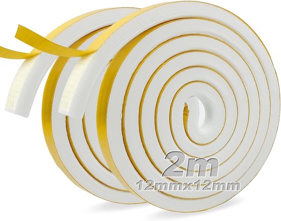 Zelfklevende Schuimtape - Wit - 12 mm x 12 mm x 2 m - Afdichtingstape voor Geluidsisolatie en Anti-botsing - Voor Huishoudelijk Gebruik