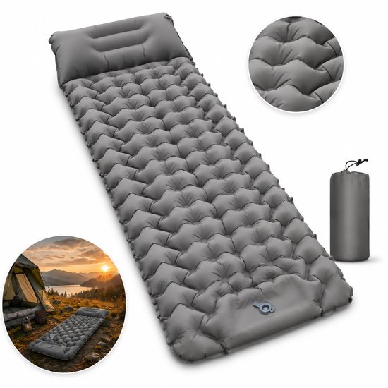 Zelfopblaasbare Campingmat - Slaapmat, Luchtbed en Kampeermat met Kussen, Waterbestendig en Ademend, 193x68x8 cm voor Tent Reizen Outdoor - Grijs - Lemonmax