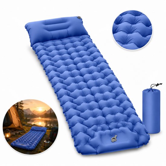 Zelfopblaasbare Campingmat - Slaapmat, Luchtbed en Kampeermat met Kussen, Waterbestendig en Ademend, 193x68x8 cm voor Tent Reizen Outdoor - Marineblauw - Lemonmax