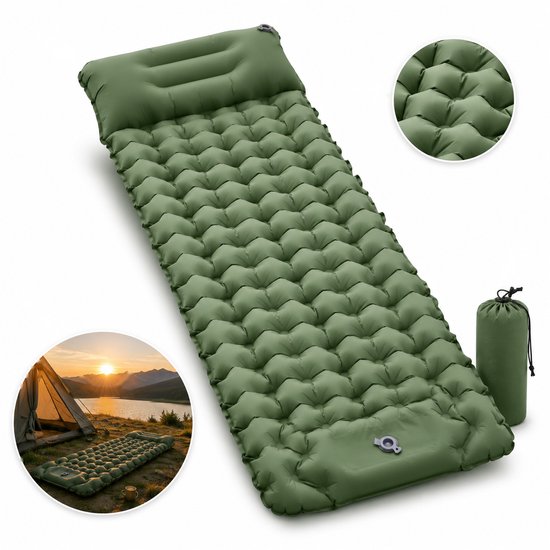 Zelfopblaasbare Campingmat - Slaapmat, Luchtbed en Kampeermat met Kussen, Waterbestendig en Ademend, 193x68x8 cm voor Tent Reizen Outdoor - Olijfgroen - Lemonmax
