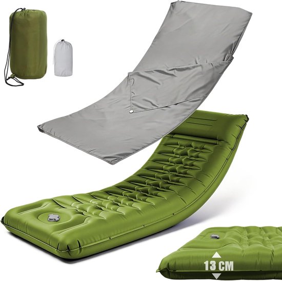 Zelfopblazend, 13 cm dik, opblaasbaar matras met huttenslaapzak, voetpomp en kussen, isomat, campingmatras, luchtmatras voor outdoor, kamperen, wandelen, fietsen (groen)