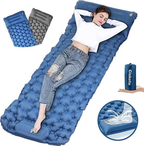 Zelfopblazend, 9 cm, verdikt luchtmatras, zelfopblazend, met kussen, campingmatras, outdoor, voor kamperen, wandelen, rugzakreizen en wandeltochten (blauw + grijs) van Merkloos