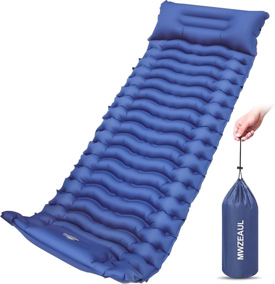 Zelfopblazend Campingmatras - Luchtbed Reismatras - Kamperen Trekking Vissen - Met Voetpomp Kussen - 198 x 68 cm - Blauw