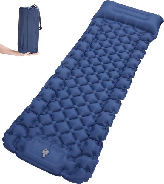 Zelfopblazend, hoog campingluchtmatras met geïntegreerd hoofdkussen, outdoor, campingmat, slaapmat, kleine verpakkingsmaat met voetpomp, luchtcelmat, opblaasbaar, blauw van Merkloos