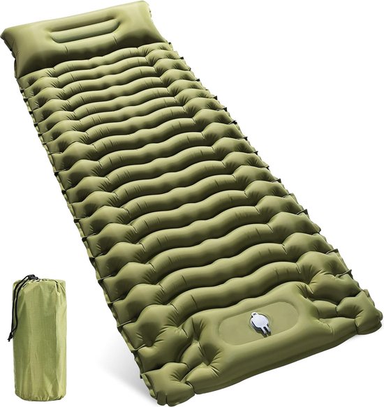 Zelfopblazend, isolerende slaapmat, opvouwbaar met voetperspomp, extra groot formaat, isolatiemat, outdoor, met kussen voor kamperen, wandelen, strand, outdoor, groen van Merkloos