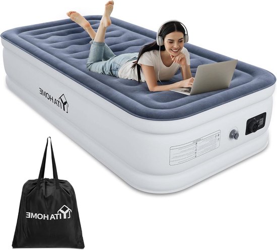 Zelfopblazend luchtbed met geïntegreerde elektrische pomp - Opblaasbaar matras voor logeerkamer camping wit/blauwgrijs met opbergtas en reparatiepleisters