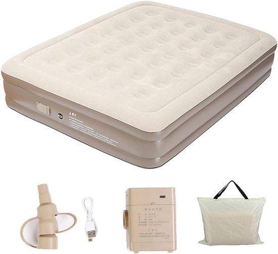 Zelfopblazend luchtbed - Opblaasmatras verhoogd - Kamperen logeren reizen - Ingebouwde pomp 450kg - 198x152x40 cm - Kaki