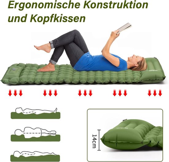 Zelfopblazend Luchtmatras - Groen - 200 x 69 x 10 cm - Ergonomische Campingmat met Voetpomp - Voor Wandelen en Reizen