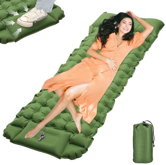 Zelfopblazend opvouwbaar campingmatras, 10 cm dik, ultralicht, voor gebruik door één persoon - inclusief voetpomp en kussen, geschikt voor strand/wandelen - Groen